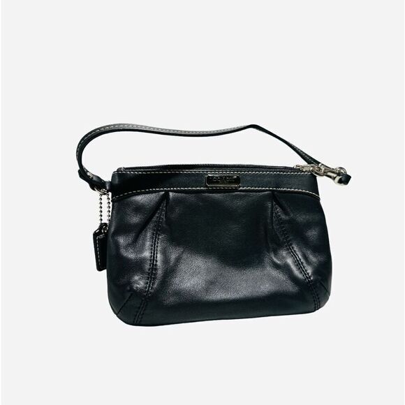 Coach Black Leather Convertible Wristlet Pleated Zip Top Pouch Mini Purse  5 x 8 - Picture 2 of 4